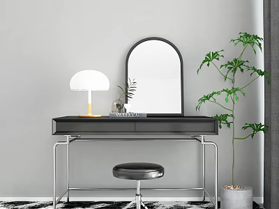 Modern Dressing Table With Black Top Metal Legs Arch Mirror White Lamp And Stool 3d model