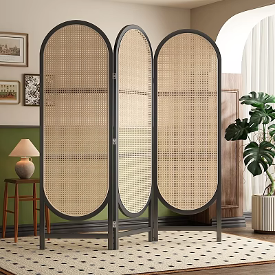 Modern Rattan Room Divider With Black Metal Frame For Interior Decoration 3d model