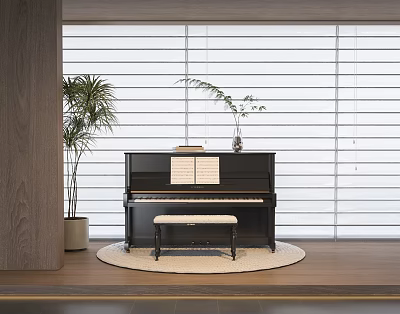 Elegant Black Piano With Music Sheets Bench In Room With Window Blinds Plant And Rug 3d model