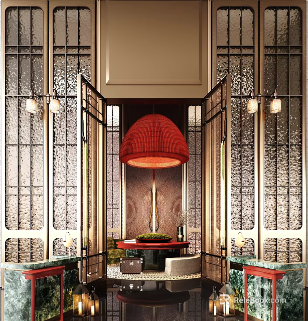 Modern Hotel Lobby Design With Red Chandelier Glass Partitions Golden Accents And Green Plants 3d model 