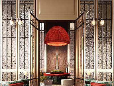 Modern Hotel Lobby Design With Red Chandelier Glass Partitions Golden Accents And Green Plants 3d model