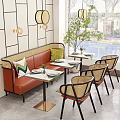 Cozy Restaurant Interior With Blue White Tile Lantern Decor Rattan Chairs And Booth Seating