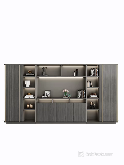 Modern Wooden Bookcase With Open Shelves Closed Cabinets Books And Decorative Items 3d model 