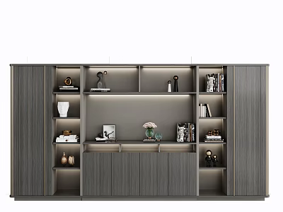 Modern Wooden Bookcase With Open Shelves Closed Cabinets Books And Decorative Items 3d model