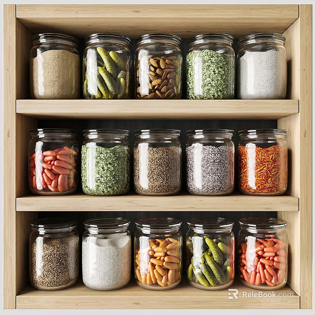 Organized Kitchen Storage With Glass Jars Containing Spices Grains And Beans On Wooden Shelves 3d model 