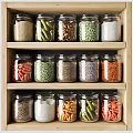 Organized Kitchen Storage With Glass Jars Containing Spices Grains And Beans On Wooden Shelves
