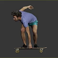 Child in Blue Shirt and Green Shorts Performing Skateboard Trick Against Gray Background