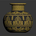 Elegant Dark Blue Vase With Intricate Gold Patterns And Gold Rim