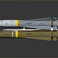 Three White Military Guided Missiles With Yellow Stripes And Brown Noses