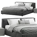 Modern Double Bed with Gray Bedding White Pillows and Matching Nightstand 3d model