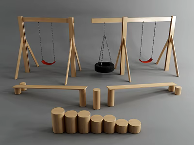 Wooden Playground Equipment Featuring Swing Frames Swings Benches And Cylindrical Blocks 3d model