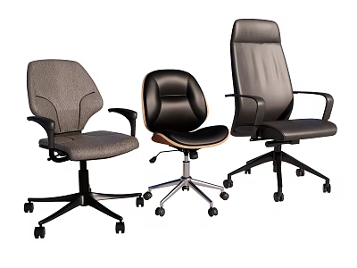 Three Office Chairs in Gray Fabric Black Leather Dark Gray Leather with Wheels and Armrests 3d model