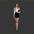 Professional Woman In White Shirt And Black Skirt Holding Folder Standing Against Gray Background