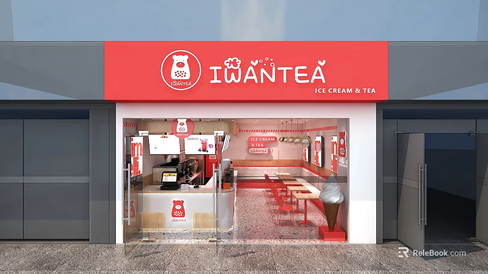 IWANTEA Milk Tea Shop With Red Signage Ice Cream And Tea Counter And Seats 3d model 