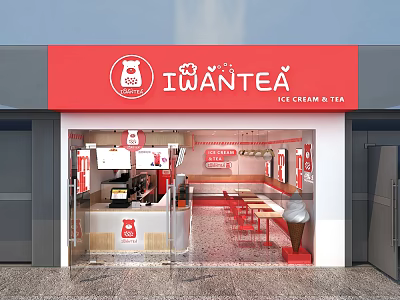 IWANTEA Milk Tea Shop With Red Signage Ice Cream And Tea Counter And Seats 3d model