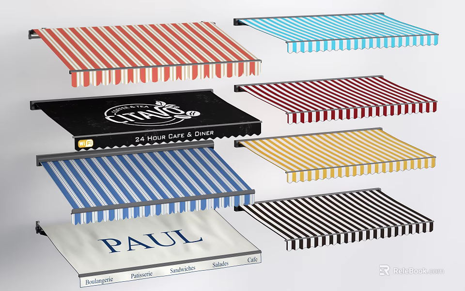 Colorful Striped Awnings With Various Designs For Outdoor Spaces And Brand Logos 3d model 