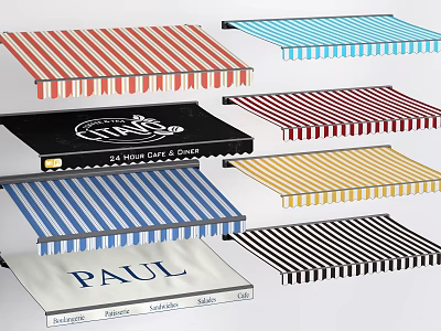Colorful Striped Awnings With Various Designs For Outdoor Spaces And Brand Logos 3d model