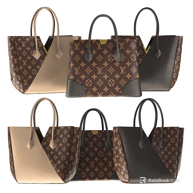 Elegant Tote Bags Featuring Classic Monogram Pattern in Brown Beige Black Tones 3d model 