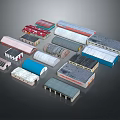Small Industrial Building Models With Various Roof Designs And Colorful Exteriors