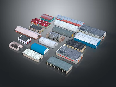Small Industrial Building Models With Various Roof Designs And Colorful Exteriors 3d model