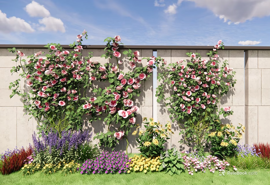 Climbing Roses And Colorful Flowers In Garden With Blue Sky Background 3d model 