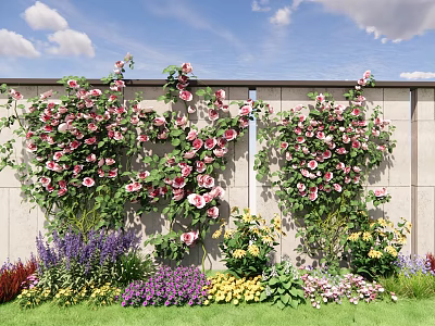 Climbing Roses And Colorful Flowers In Garden With Blue Sky Background 3d model
