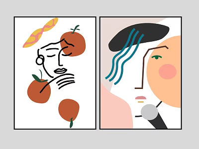 Vibrant Abstract Line Art Illustrations With Colorful Faces And Fruit Elements 3d model