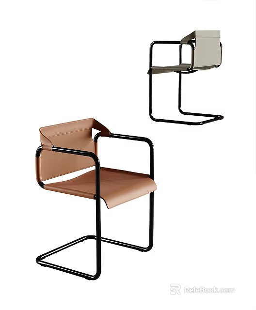 Modern Leisure Chair With Brown Leather Seat Black Metal Frame And Armrests 3d model 