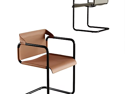 Modern Leisure Chair With Brown Leather Seat Black Metal Frame And Armrests 3d model