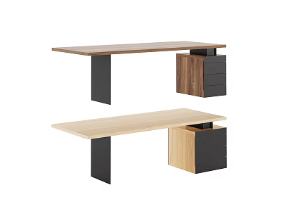 Modern Office Desk Design With Wooden Light Colored Tops Black Legs And Drawer Cabinets 3d model