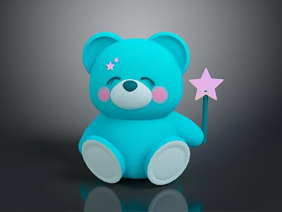 Cute Blue Teddy Bear Stuffed Toy With Pink Cheeks And Star Wand 3d model