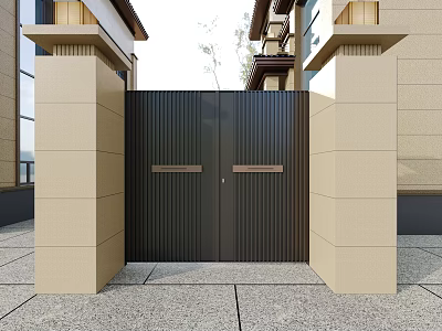 Elegant Modern Entrance Gate Design With Beige Stone Pillars And Metal Panels 3d model