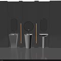 Modern Washbasin Design Featuring Three Styles Round Mirrors and Vertical Lighting on Gray Wall 3d model