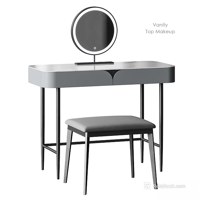 Sleek Modern Vanity Table With Round Mirror And Matching Stool Design 3d model 
