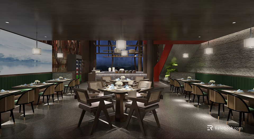 Modern Restaurant Interior With Wooden Ceiling Pendant Lights Round Tables Chairs And Green Plants 3d model 