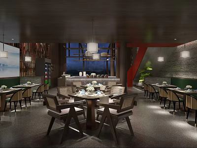 Modern Restaurant Interior With Wooden Ceiling Pendant Lights Round Tables Chairs And Green Plants 3d model
