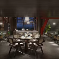 Modern Restaurant Interior With Wooden Ceiling Pendant Lights Round Tables Chairs And Green Plants