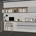 Modern Wooden Desk Interior With Open Bookshelf Table Lamp And Decorative Paintings