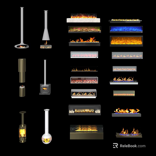 Different Modern Fireplace Designs With Various Styles Hanging Models And Flame Effects 3d model