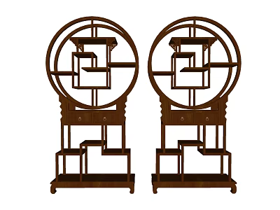 Chinese Traditional Wooden Bogu Display Shelves With Round Frame And Multi Tier Design 3d model