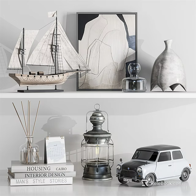 Ornament Decor Combination with Sailboat Model Abstract Painting Vase Lantern and Mini Car 3d model 