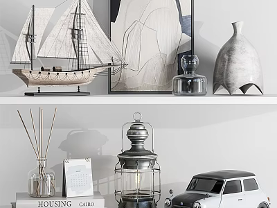 Ornament Decor Combination with Sailboat Model Abstract Painting Vase Lantern and Mini Car 3d model