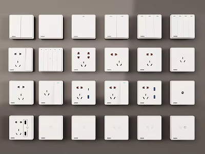 White Switch Panels Featuring Multiple Sockets USB Ports And Various Designs Arranged On 3d model