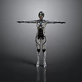 Female Cyborg Figure with Mechanical and Biological Elements Standing with Arms Outstretched Against Gray Background