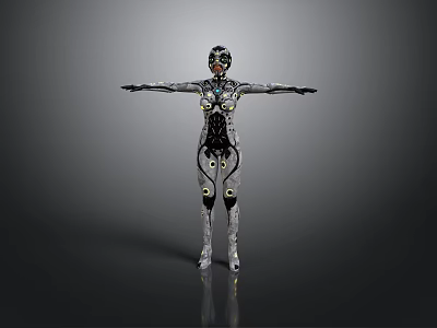 Female Cyborg Figure with Mechanical and Biological Elements Standing with Arms Outstretched Against Gray Background 3d model