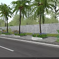 Roadside Tree Planters With Palm Trees Behind Stone Wall And Colorful Flowers Green Plants