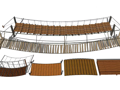 Wooden Rope Bridge Structure With Wooden Planks Rope Railings And Panel Designs 3d model
