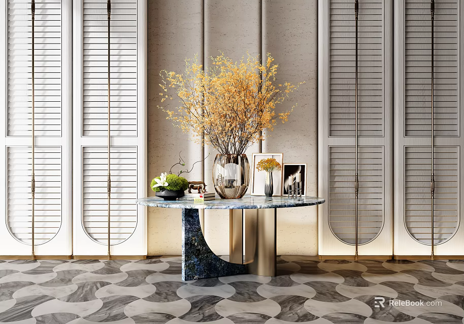 Elegant Round Console Table with Metal Base Yellow Flower Vase Shutter Wall Panels Patterned Carpet 3d model 