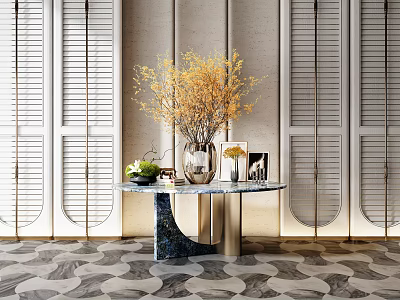 Elegant Round Console Table with Metal Base Yellow Flower Vase Shutter Wall Panels Patterned Carpet 3d model