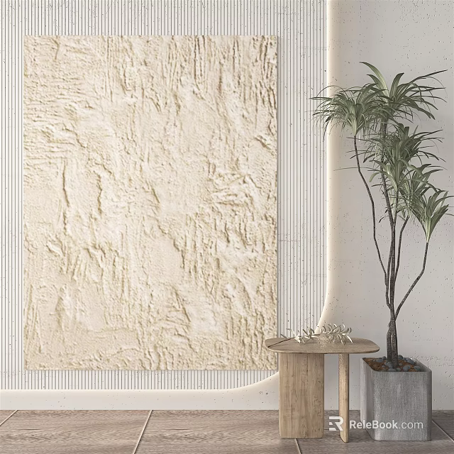Textured Beige Wall With Palm Plant And Small Round Table In Minimalist Interior 3d model 